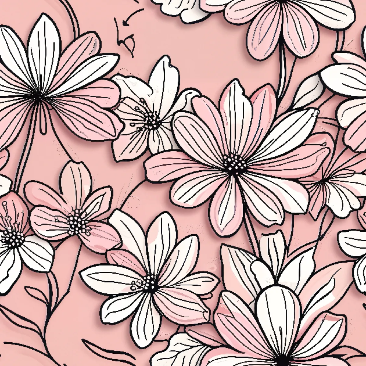 분홍 배경 위의 라인아트 플로럴
