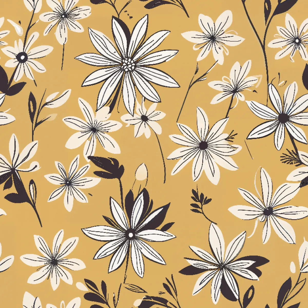 머스터드 옐로우 배경의 모노톤 라인 아트 플라워 패턴