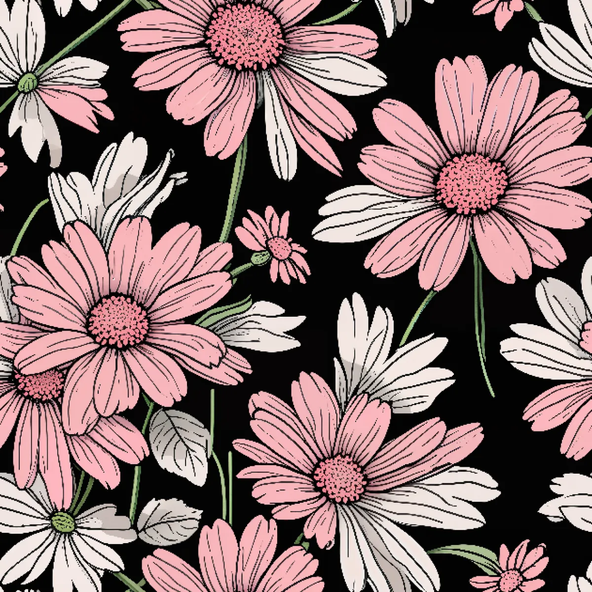 블랙 배경 핑크 & 화이트 데이지 플로럴 패턴