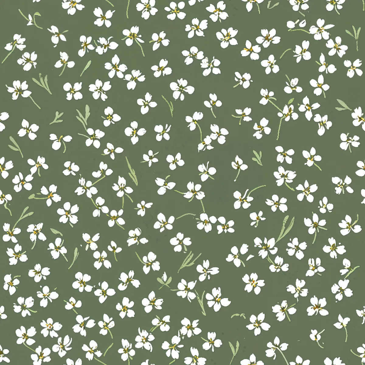 카키 배경의 미니 화이트 플라워 패턴