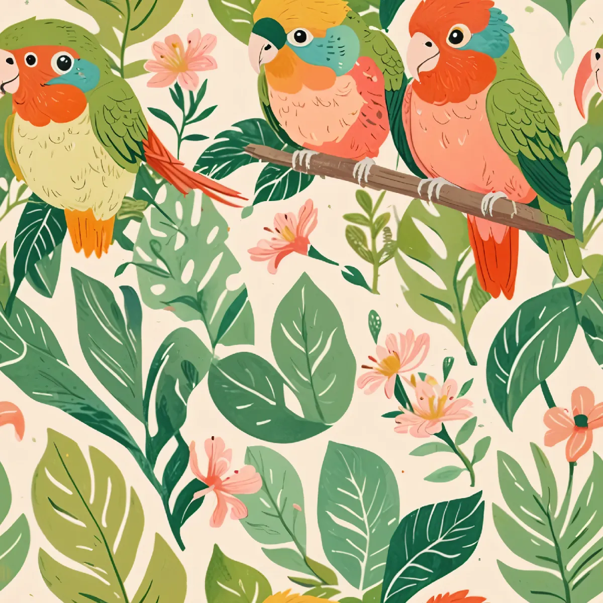 Colorful Parrots and Floral Pattern