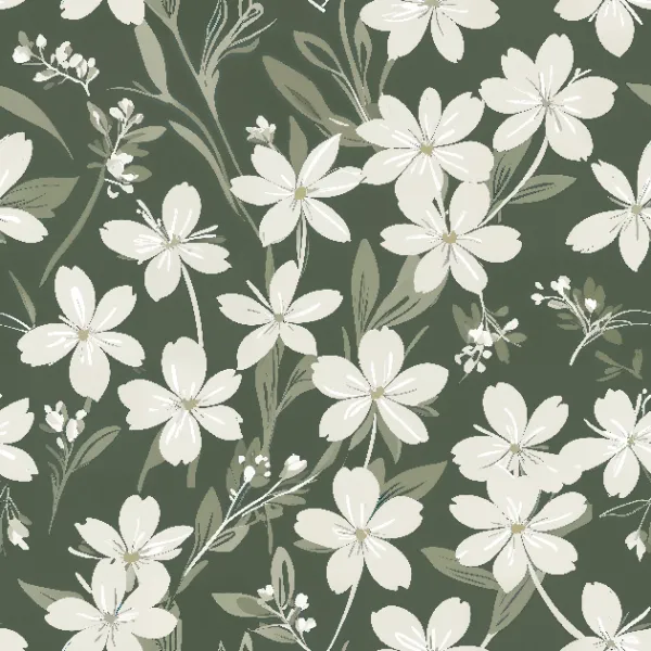 딥카키 배경의 아이보리 플라워 패턴 Image