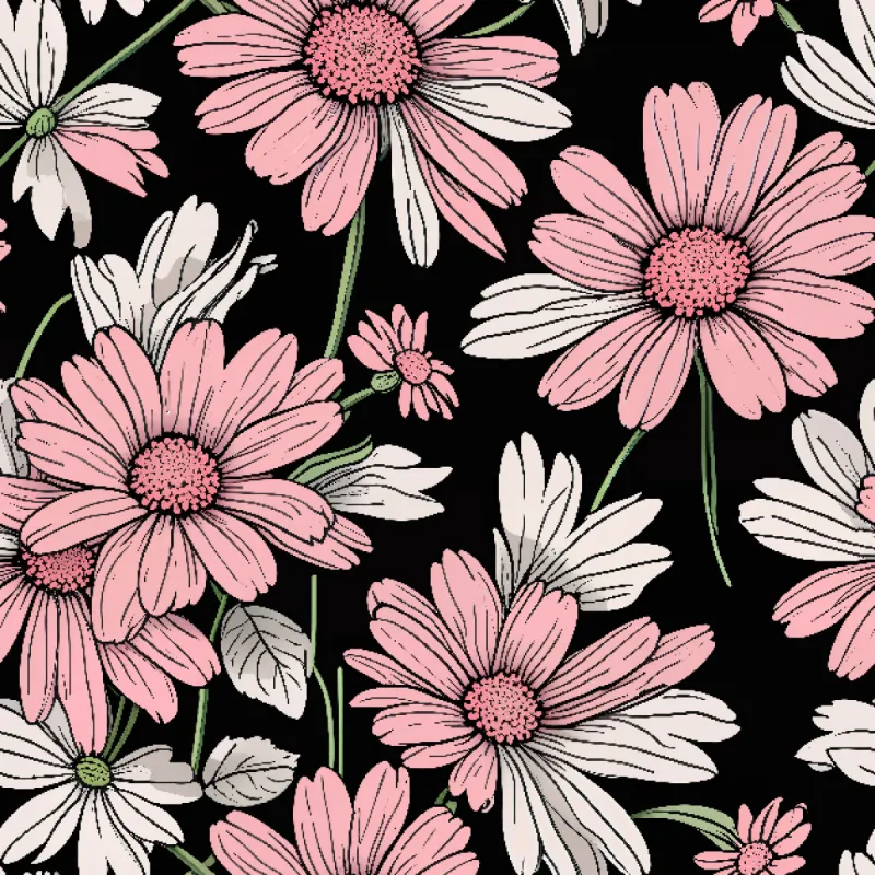 Pink & white daisy floral pattern on black background Image