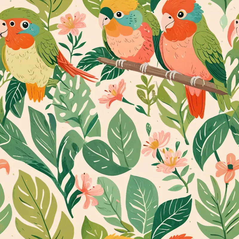 Colorful Parrots and Floral Pattern Image